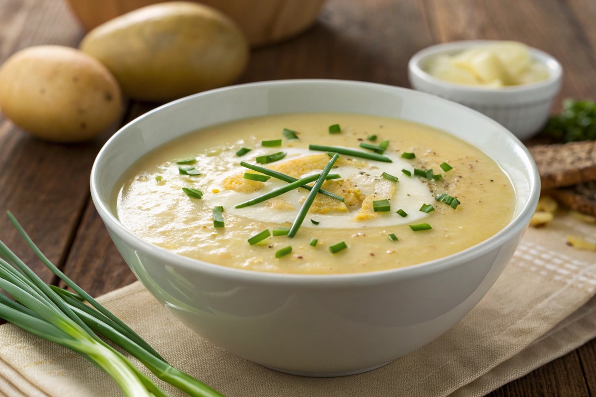 Bowl of 4 ingredient potato soup with a sprinkle of chives