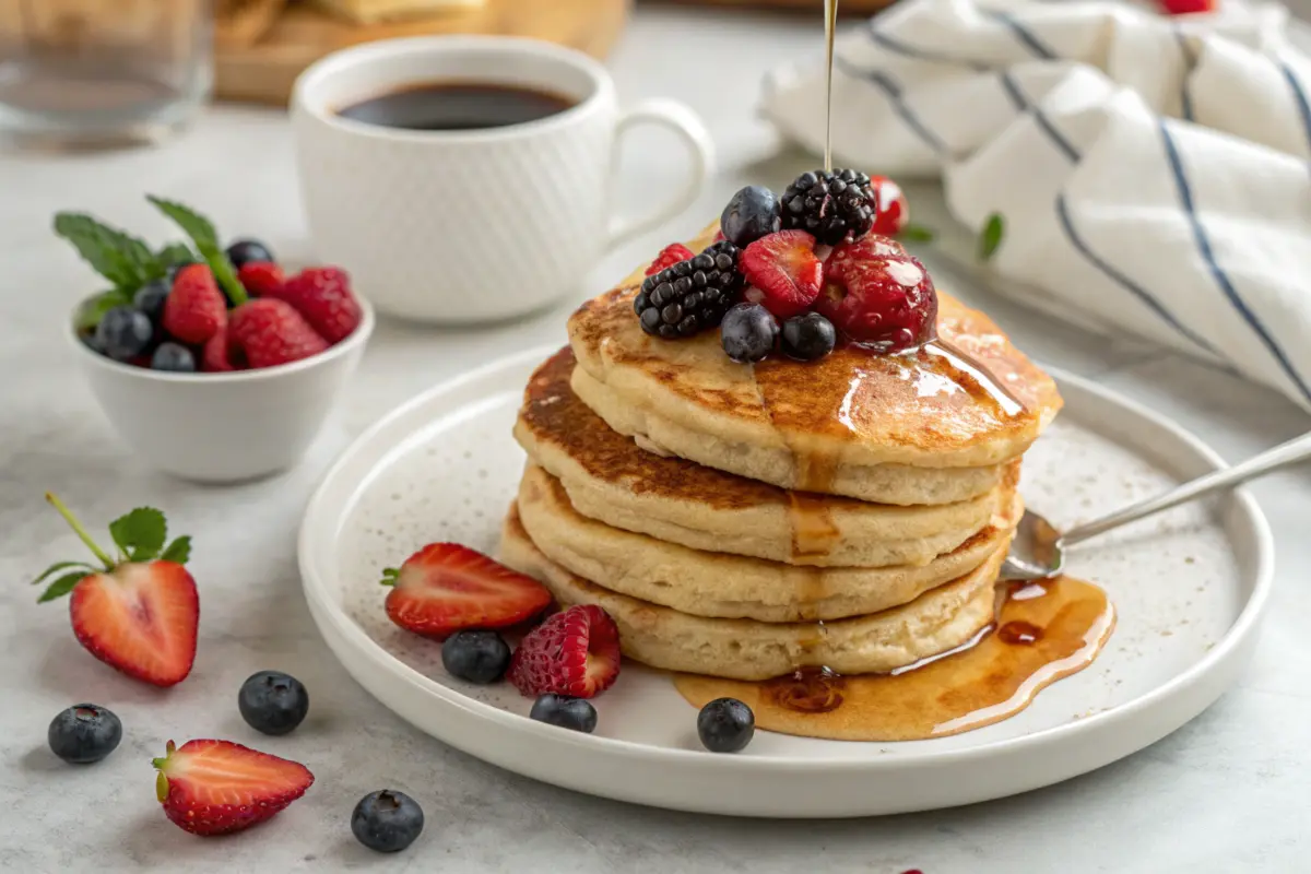 Sourdough discard pancakes served with fresh berries and maple syrup