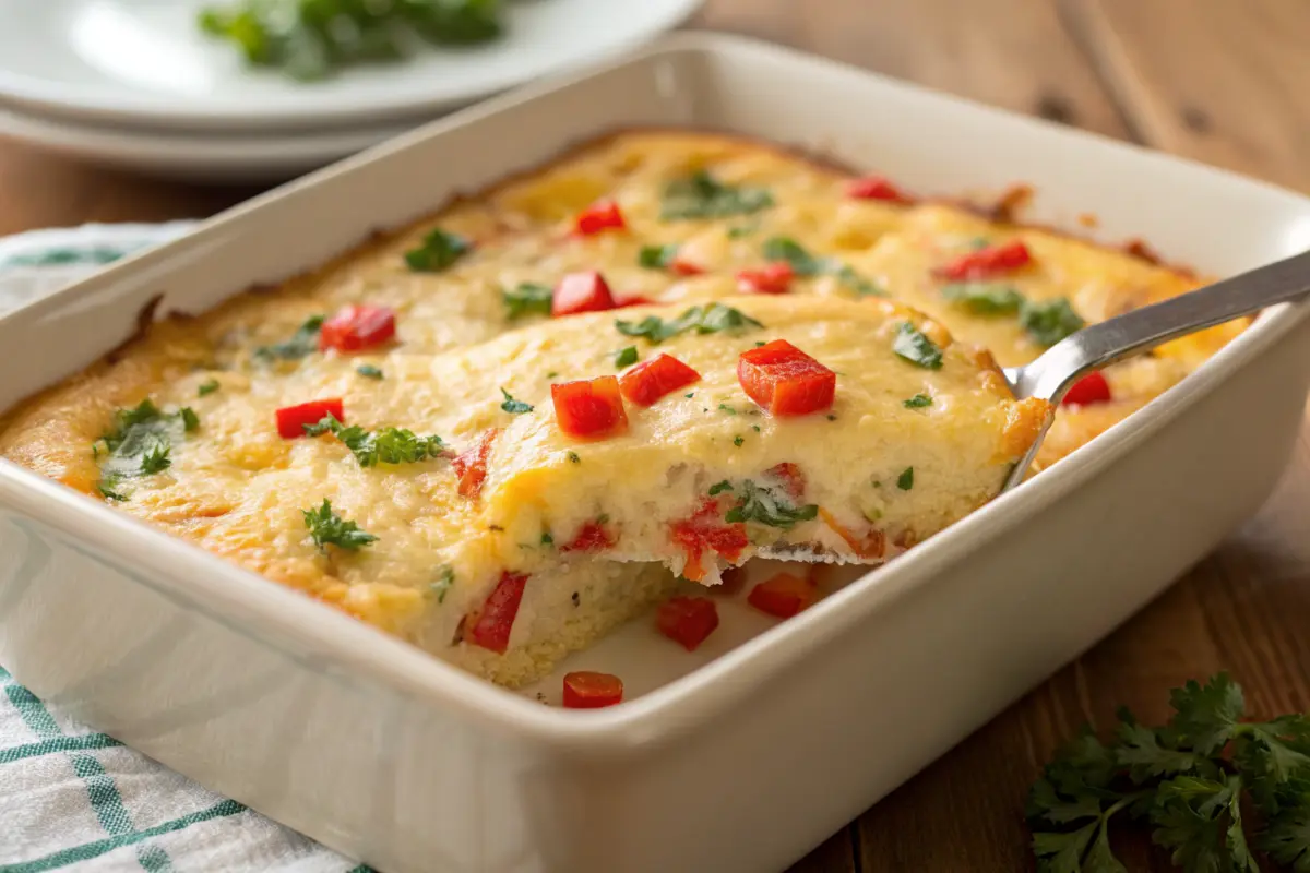 breakfast grits casserole in a rectangular ceramic dish.