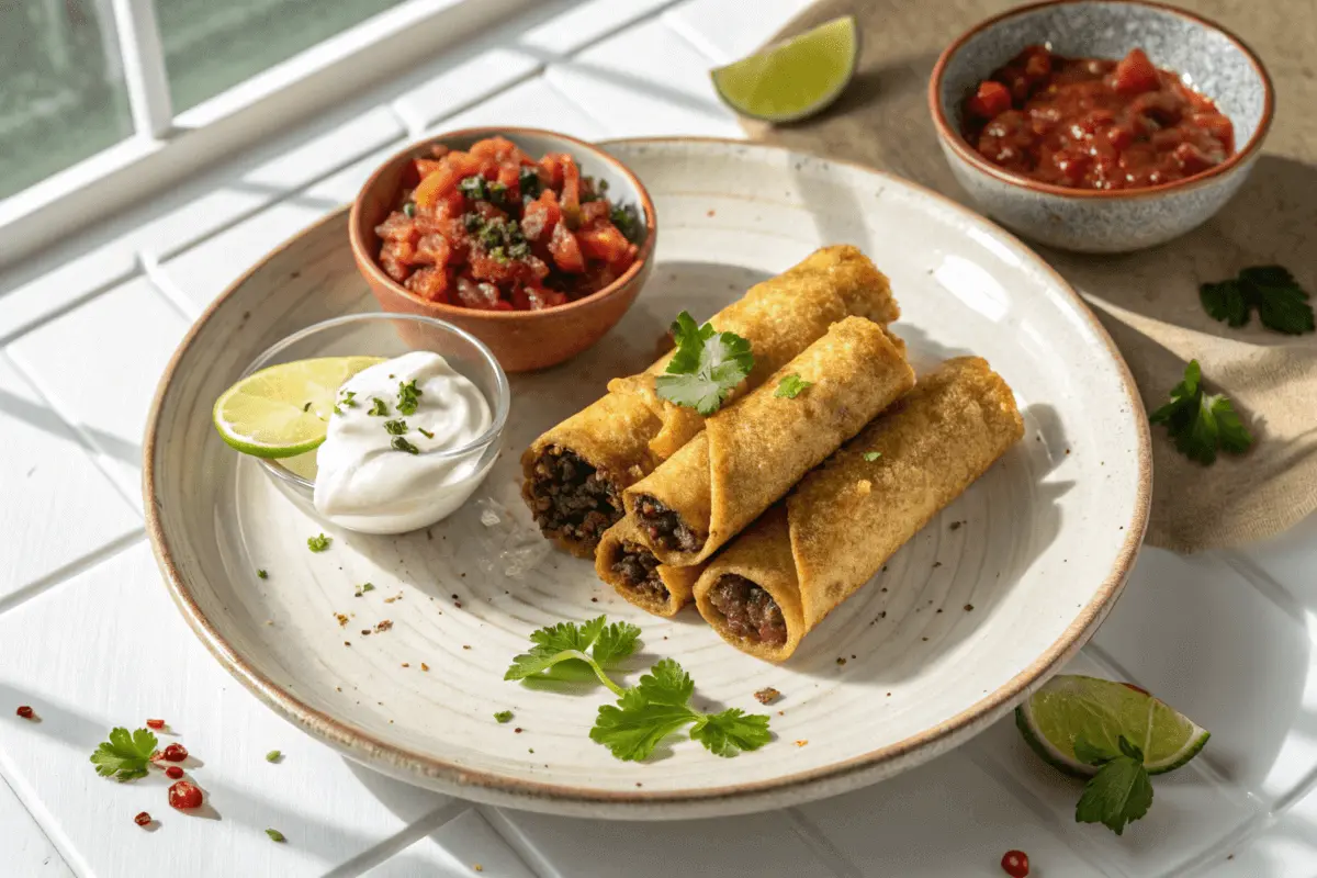 Close-up of crispy beef flautas served with sour cream and salsa on a plate