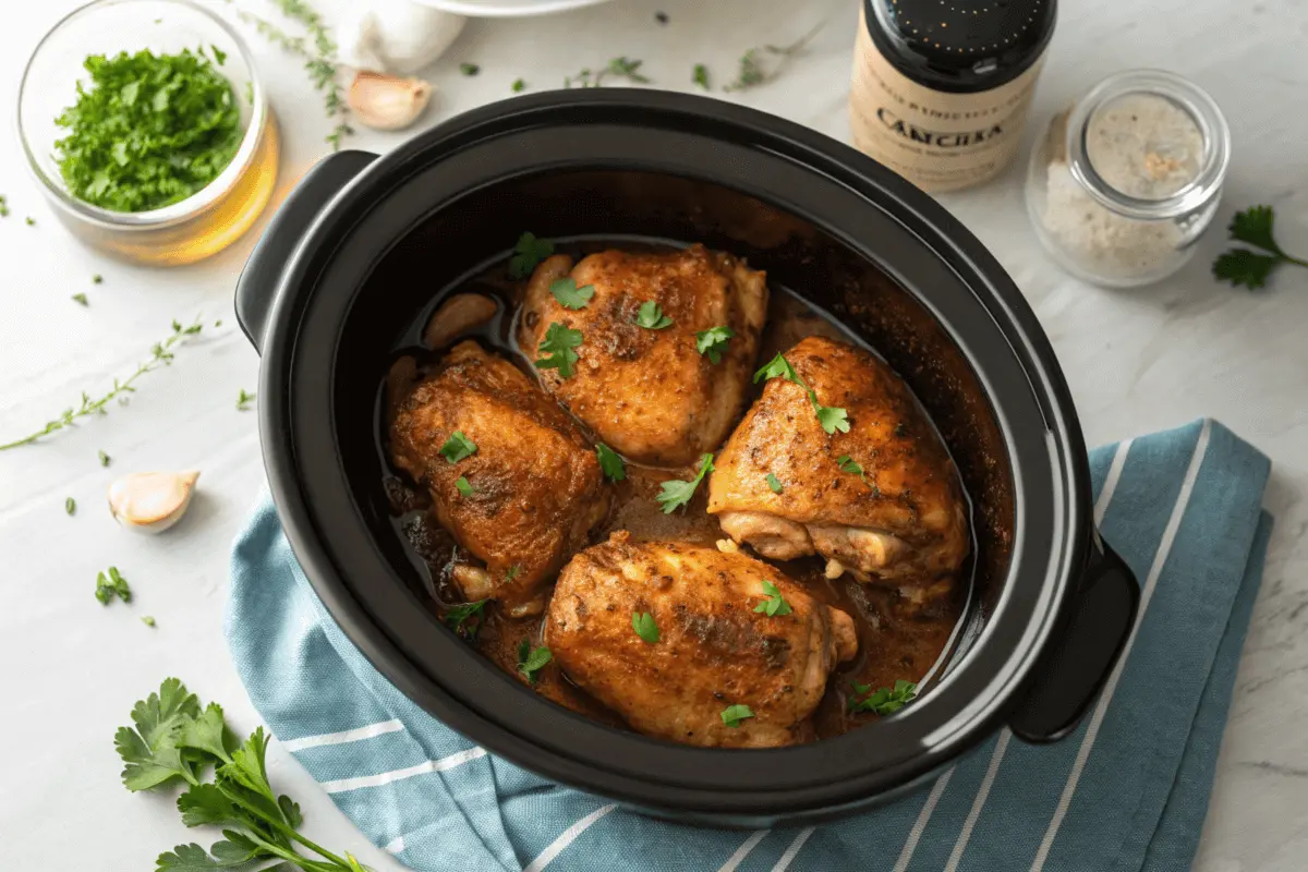 Slow cooker chicken thighs cooked to perfection, tender and juicy.