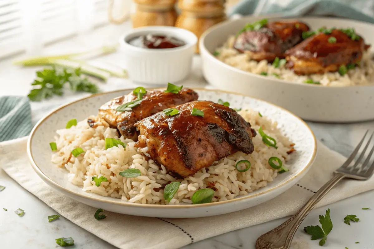 Crockpot BBQ chicken thighs recipe with juicy, tender chicken thighs served with BBQ sauce.