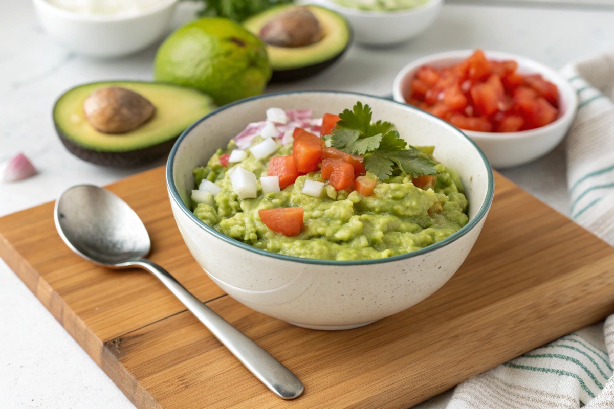 A bowl of 3 ingredient guacamole with avocados, lime wedges, and salt.