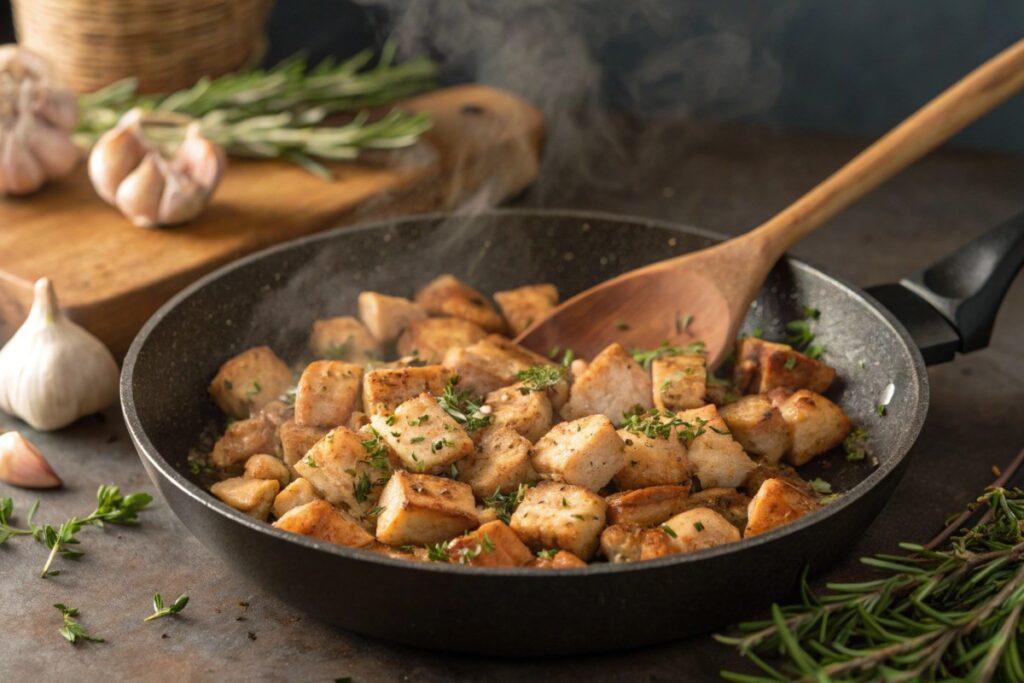 A close-up of diced chicken being sautéed in a skillet, golden brown and seasoned with herbs like thyme and garlic. The scene features steam rising from the pan, a wooden spoon stirring, and fresh herbs on the counter nearby