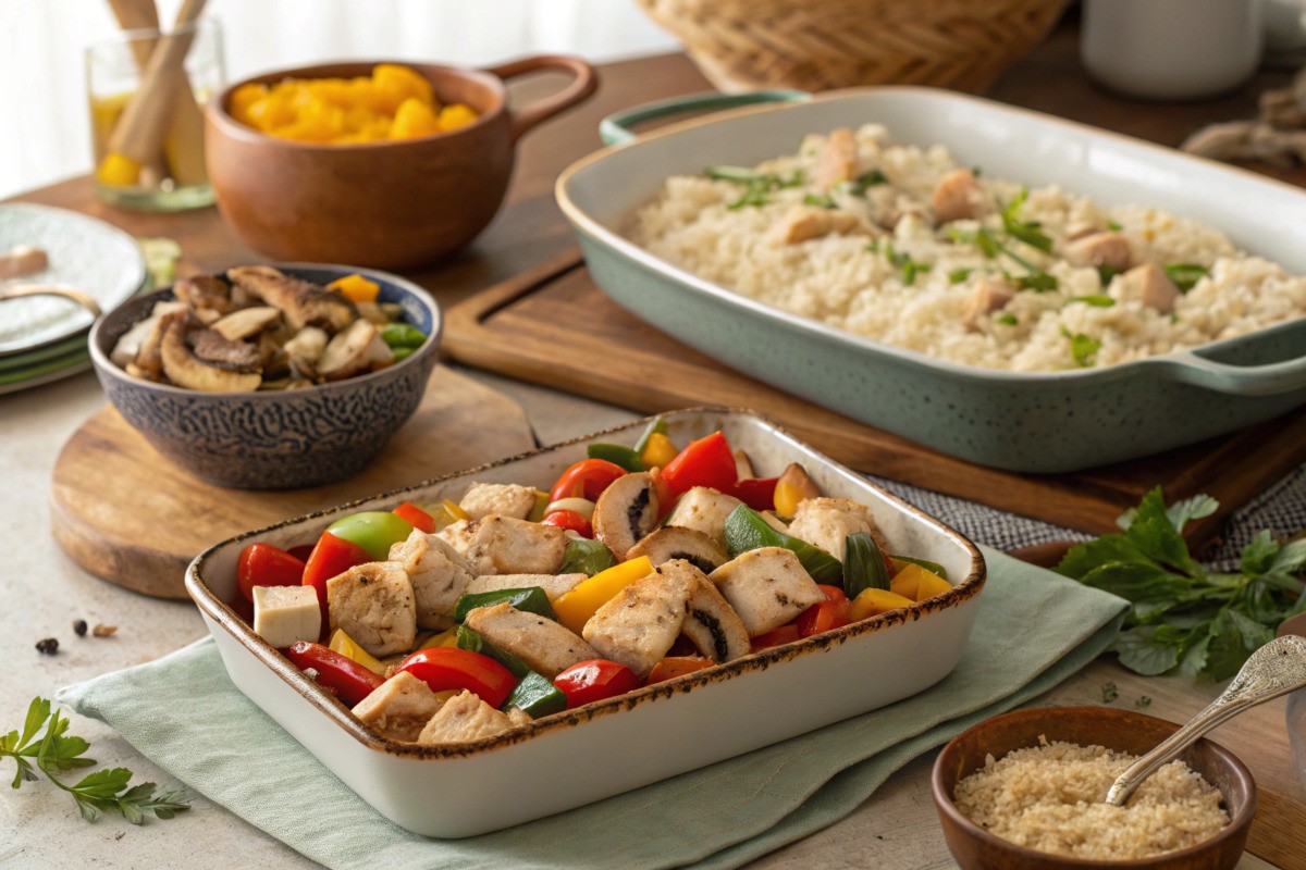 A beautifully arranged dinner table with an assortment of diced chicken dishes: a vibrant stir-fry with colorful vegetables, a Mediterranean chicken and vegetable tray, and a creamy chicken and mushroom risotto. The table is set with rustic dinnerware, surrounded by a warm, cozy kitchen ambiance, with natural light highlighting the dishes.