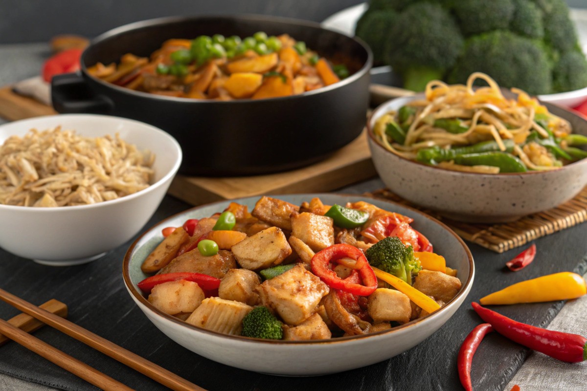 A dinner table showcasing various recipes with diced chicken meat, featuring vibrant stir-fries, baked dishes, and international flavors.