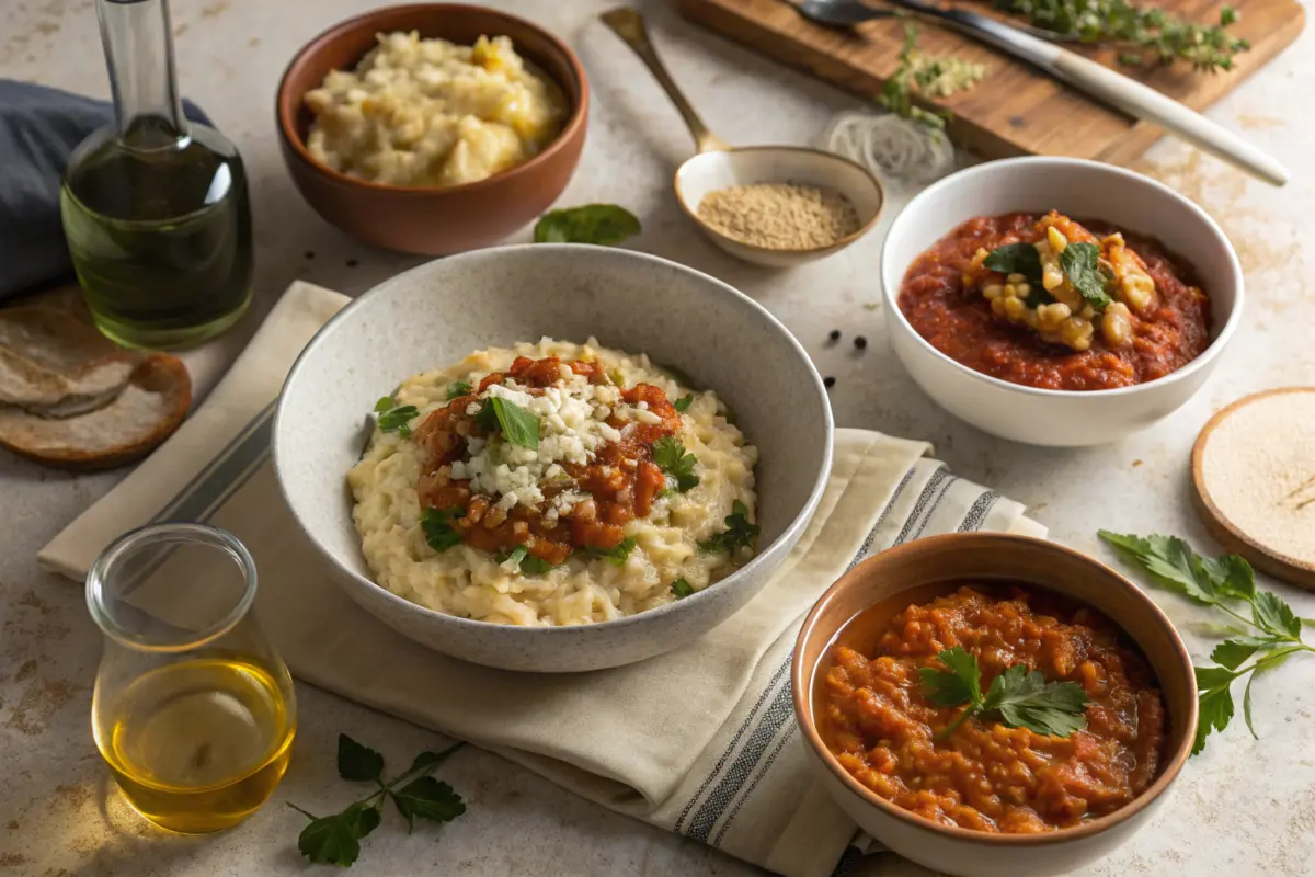 Delicious creamy risotto with saffron, Parmesan cheese, and fresh herbs served in a rustic kitchen setting.