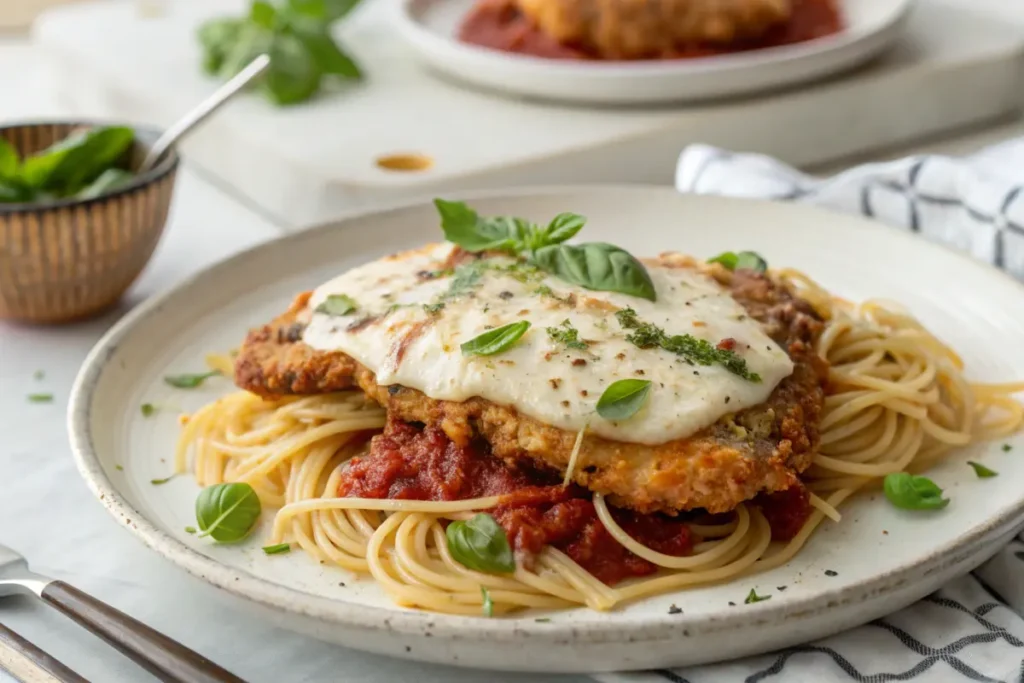 A close-up of crispy gluten-free chicken parmesan, topped with melted mozzarella and fresh basil, served with gluten-free pasta on a plate.