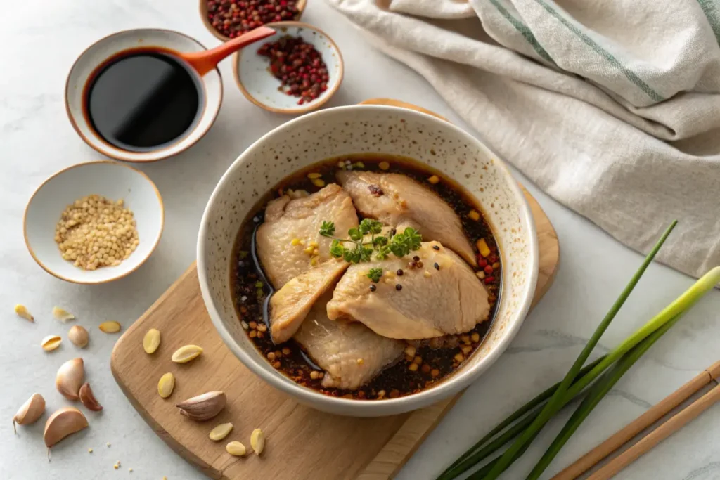 Marinating chicken with gluten-free soy sauce and spices,