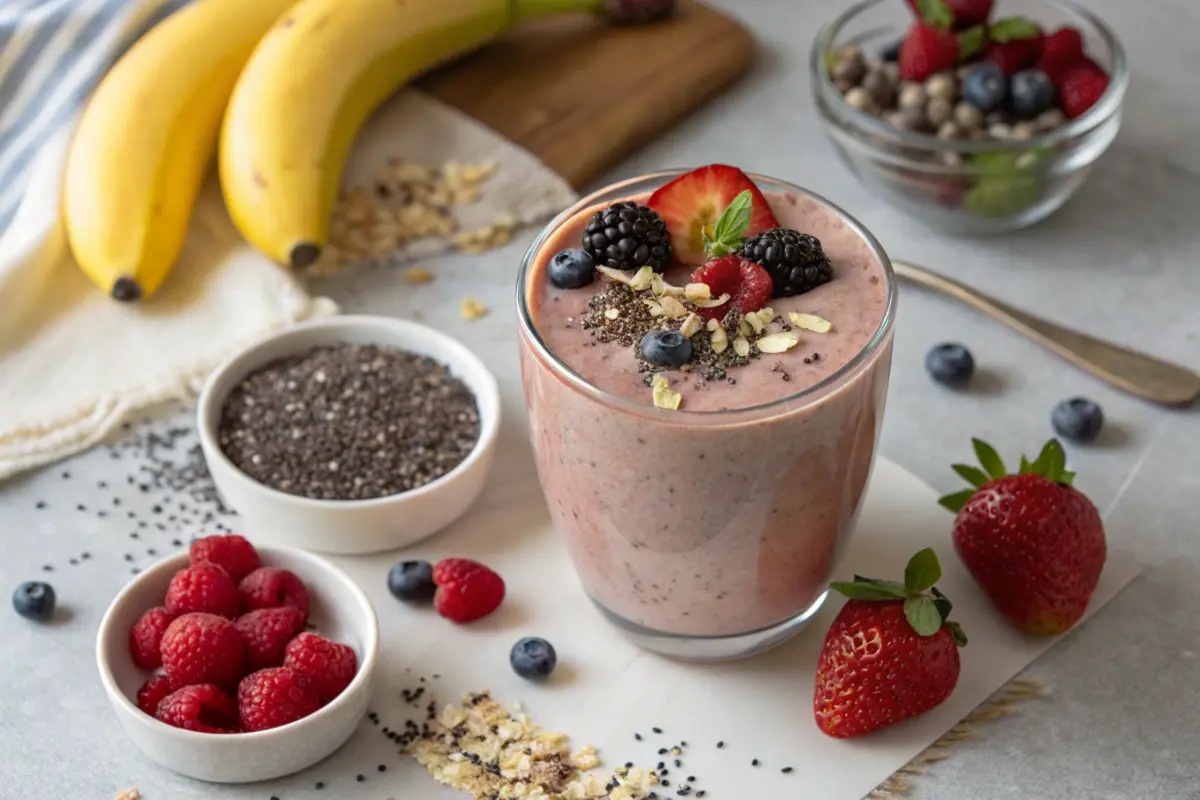 Muscle recovery smoothie with protein, oats, and berries for post-workout repair.