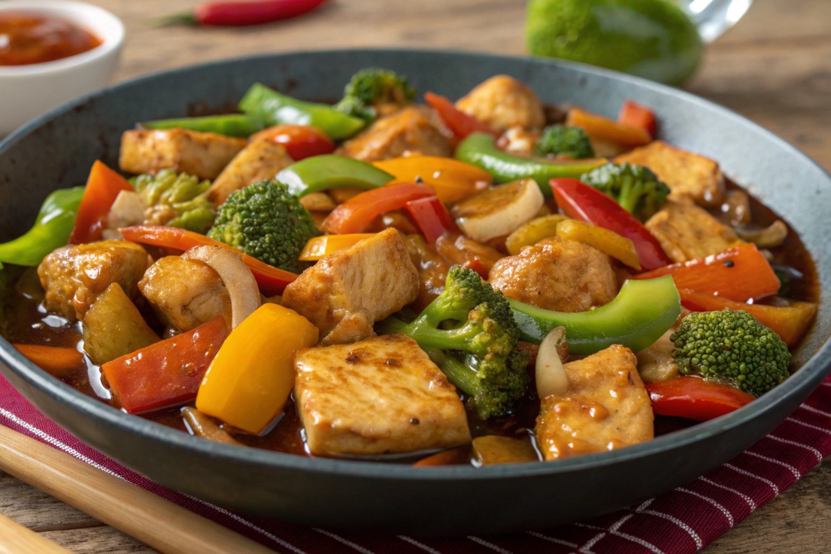 Tender cubed chicken stir-fry with colorful vegetables and sauce.